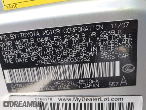 ✅ 2008 Lexus GS 350 • VIN: JTHBE96S880030252 • Lot: 43012959. Wystawiony na IAAI z przebiegiem Nie podano. Bezpłatny archiwum sprzedaży aukcyjnych z USA i szczegółowy raport historii pojazdu na DreamBid. Zdjęcie 9.