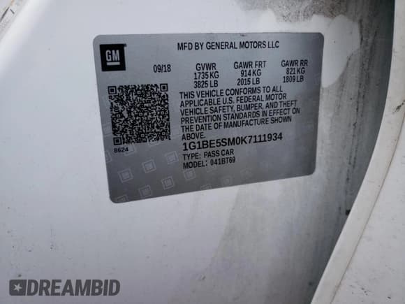 ✅ 2019 Chevrolet Cruze LT • VIN: 1G1BE5SM0K7111934 • Lot: 73545902. Listed on Copart with Not provided. Free auction sales archive from the USA and detailed vehicle history report at DreamBid. Image 15.