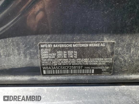 ✅ 2012 BMW 3 Series 328i • VIN: WBA3A5C5XCF258197 • Lot: 56336755. Listed on Copart with 178,878 mi. Free auction sales archive from the USA and detailed vehicle history report at DreamBid. Image 12.