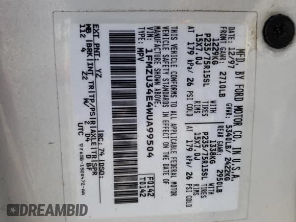 ✅ 1998 Ford Explorer XL • VIN: 1FMZU34E4WUA99504 • Лот: 73020404. Опубликован ранее на Copart с пробегом 236 209 миль. Бесплатный доступ к архиву аукционных продаж из США и подробный отчёт об истории автомобиля на DreamBid. Изображение 13.