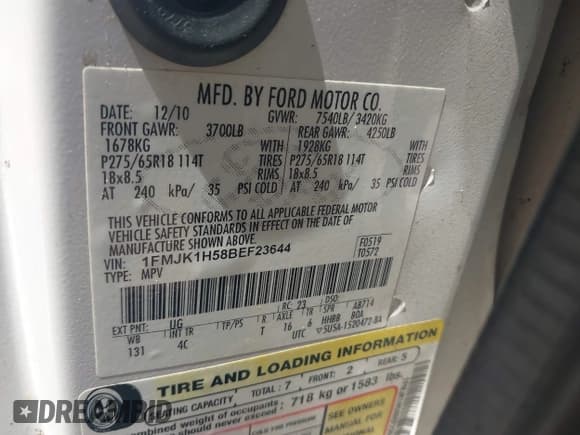 ✅ 2011 Ford Expedition Max XLT • VIN: 1FMJK1H58BEF23644 • Lot: 43032336. Listed on IAAI with 260,855 mi. Free auction sales archive from the USA and detailed vehicle history report at DreamBid. Image 9.