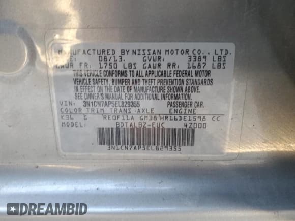 ✅ 2014 Nissan Versa SV • VIN: 3N1CN7AP5EL829355 • Lot: 92316335. Listed on Copart with 195,910 mi. Free auction sales archive from the USA and detailed vehicle history report at DreamBid. Image 13.