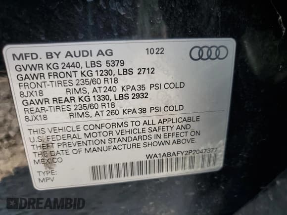 ✅ 2023 Audi Q5 Premium • VIN: WA1ABAFY2P2047377 • Lot: 80031095. Wystawiony na Copart z przebiegiem 42 431 mil. Bezpłatny archiwum sprzedaży aukcyjnych z USA i szczegółowy raport historii pojazdu na DreamBid. Zdjęcie 13.
