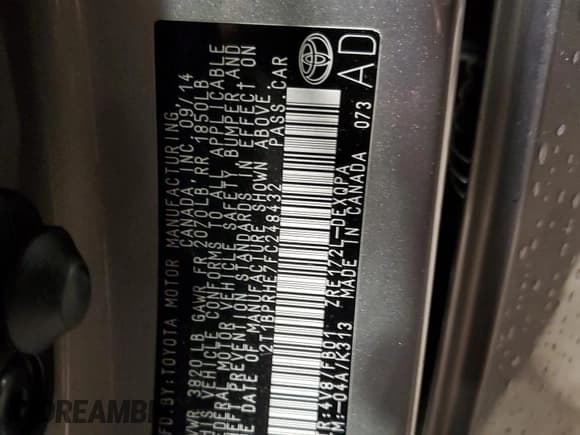 ✅ 2015 Toyota Corolla LE Eco • VIN: 2T1BPRHE7FC248432 • Lot: 57648415. Listed on Copart with 139,825 mi. Free auction sales archive from the USA and detailed vehicle history report at DreamBid. Image 13.