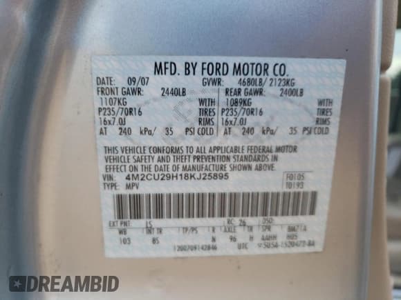 ✅ 2008 Mercury Mariner • VIN: 4M2CU29H18KJ25895 • Lot: 81350834. Wystawiony na Copart z przebiegiem 199 971 mil. Bezpłatny archiwum sprzedaży aukcyjnych z USA i szczegółowy raport historii pojazdu na DreamBid. Zdjęcie 13.