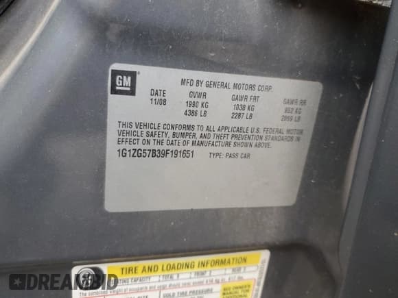 ✅ 2009 Chevrolet Malibu 1LS • VIN: 1G1ZG57B39F191651 • Lot: 78880994. Listed on Copart with 108,679 mi. Free auction sales archive from the USA and detailed vehicle history report at DreamBid. Image 12.