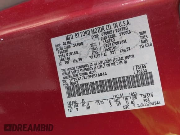 ✅ 2002 Ford F-150 XL • VIN: 1FTRX17L72NB16844 • Lot: 42683903. Listed on IAAI with Not provided. Free auction sales archive from the USA and detailed vehicle history report at DreamBid. Image 9.