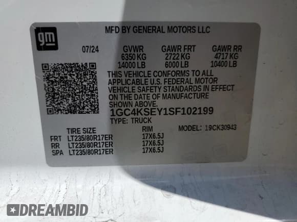 ✅ 2025 Chevrolet Silverado 3500 • VIN: 1GC4KSEY1SF102199 • Lot: 56653425. Listed on Copart with 25,649 mi. Free auction sales archive from the USA and detailed vehicle history report at DreamBid. Image 13.