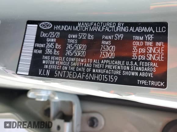 2022 Hyundai Santa Cruz Limited с VIN 5NTJEDAF6NH015159, выставлен на аукционе Copart как лот 41492935 с пробегом 27 256 миль миль и Списание • Salvage title. История ставок и продаж доступна на DreamBid. Изображение 13.