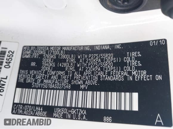 ✅ 2010 Toyota Sequoia Platinum • VIN: 5TDYY5G18AS027548 • Lot: 43066594. Listed on IAAI with 332,866 mi. Free auction sales archive from the USA and detailed vehicle history report at DreamBid. Image 9.