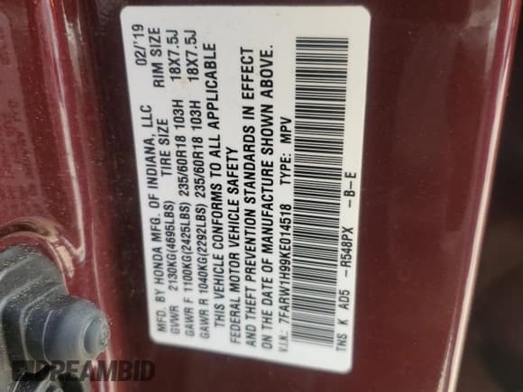 ✅ 2019 Honda CR-V Touring • VIN: 7FARW1H99KE014518 • Lot: 82637535. Wystawiony na Copart z przebiegiem 27 540 mil. Bezpłatny archiwum sprzedaży aukcyjnych z USA i szczegółowy raport historii pojazdu na DreamBid. Zdjęcie 14.