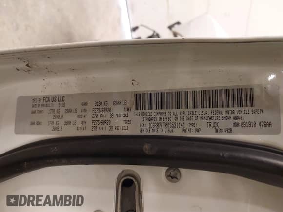 2019 Ram 1500 Tradesman with VIN 1C6RR7FT0KS531141, listed as a IAAI auction lot 42038951 with Not provided miles and . Bid and sale history available at DreamBid. Image 9.