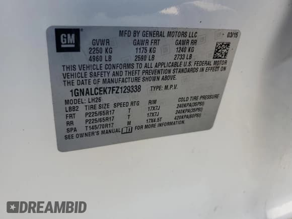 ✅ 2015 Chevrolet Equinox LT • VIN: 1GNALCEK7FZ129338 • Lot: 90884195. Wystawiony na Copart z przebiegiem 186 354 mil. Bezpłatny archiwum sprzedaży aukcyjnych z USA i szczegółowy raport historii pojazdu na DreamBid. Zdjęcie 13.