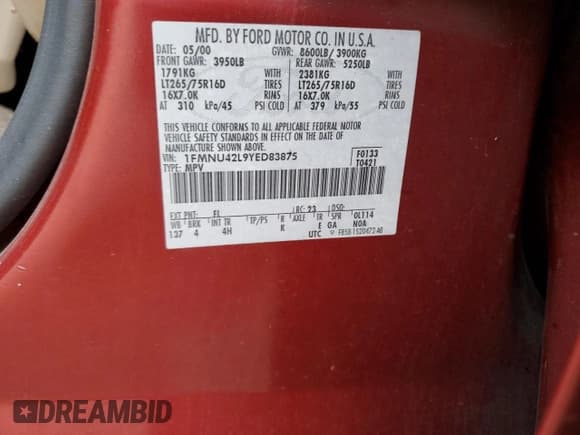 ✅ 2000 Ford Excursion Limited • VIN: 1FMNU42L9YED83875 • Lot: 67750935. Wystawiony na Copart z przebiegiem 121 922 mil. Bezpłatny archiwum sprzedaży aukcyjnych z USA i szczegółowy raport historii pojazdu na DreamBid. Zdjęcie 13.