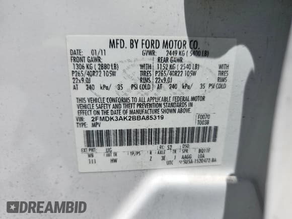 ✅ 2011 Ford Edge Sport • VIN: 2FMDK3AK2BBA85319 • Lot: 69143315. Listed on Copart with 134,284 mi. Free auction sales archive from the USA and detailed vehicle history report at DreamBid. Image 12.