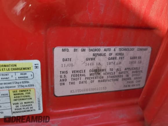 ✅ 2009 Chevrolet Aveo 1LT • VIN: KL1TD66E49B623153 • Лот: 68245325. Опубликован ранее на Copart с пробегом 88 222 миль. Бесплатный доступ к архиву аукционных продаж из США и подробный отчёт об истории автомобиля на DreamBid. Изображение 13.