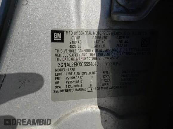 ✅ 2012 Chevrolet Captiva Sport LS • VIN: 3GNAL2EKXCS554040 • Lot: 87949985. Wystawiony na Copart z przebiegiem 136 663 mil. Bezpłatny archiwum sprzedaży aukcyjnych z USA i szczegółowy raport historii pojazdu na DreamBid. Zdjęcie 13.