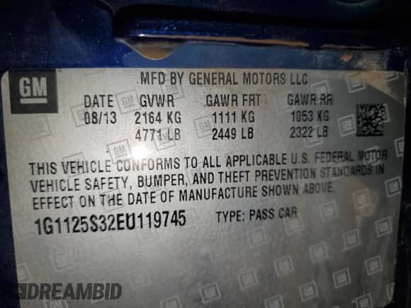 2014 Chevrolet Impala LT with VIN 1G1125S32EU119745, listed as a Copart auction lot 59915375 with 69,140 mi miles and Salvage title. Bid and sale history available at DreamBid. Image 12.