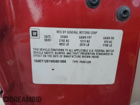 ✅ 1998 Cadillac Eldorado Touring • VIN: 1G6ET1291WU601906 • Лот: 84911624. Опубликован ранее на Copart с пробегом 84 489 миль. Бесплатный доступ к архиву аукционных продаж из США и подробный отчёт об истории автомобиля на DreamBid. Изображение 12.