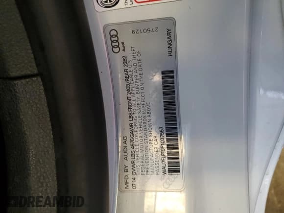 ✅ 2015 Audi A3 • VIN: WAU7FLFF9F1037557 • Lot: 92302895. Listed on Copart with 130,848 mi. Free auction sales archive from the USA and detailed vehicle history report at DreamBid. Image 12.