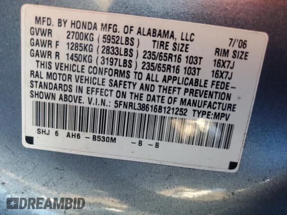 ✅ 2006 Honda Odyssey EX-L • VIN: 5FNRL38616B121252 • Lot: 89814125. Listed on Copart with 283,669 mi. Free auction sales archive from the USA and detailed vehicle history report at DreamBid. Image 13.