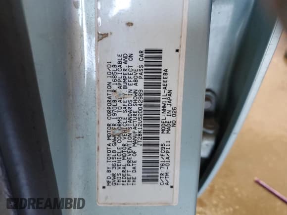 ✅ 2002 Toyota Prius • VIN: JT2BK12U520042989 • Lot: 67600895. Listed on Copart with 272,631 mi. Free auction sales archive from the USA and detailed vehicle history report at DreamBid. Image 13.