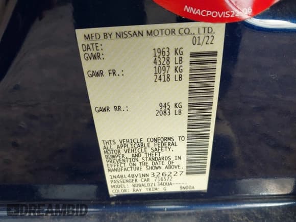 ✅ 2022 Nissan Altima S • VIN: 1N4BL4BV1NN326227 • Lot: 43240347. Listed on IAAI with 22,886 mi. Free auction sales archive from the USA and detailed vehicle history report at DreamBid. Image 9.