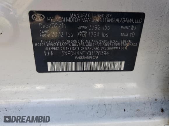 ✅ 2012 Hyundai Elantra Limited • VIN: 5NPDH4AE1CH128394 • Lot: 85332875. Listed on Copart with 90,223 mi. Free auction sales archive from the USA and detailed vehicle history report at DreamBid. Image 12.