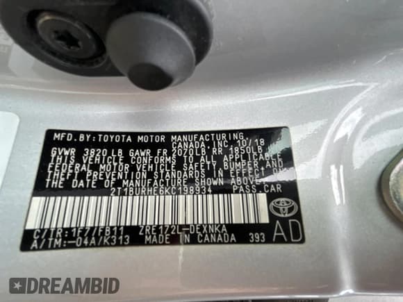 ✅ 2019 Toyota Corolla L • VIN: 2T1BURHE6KC198934 • Lot: 52821215. Listed on Copart with 161,347 mi. Free auction sales archive from the USA and detailed vehicle history report at DreamBid. Image 10.