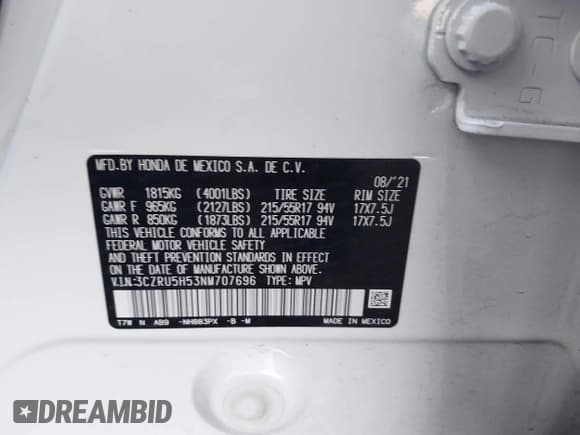 ✅ 2022 Honda HR-V EX • VIN: 3CZRU5H53NM707696 • Лот: 43154968. Опубликован ранее на IAAI с пробегом Не указан. Бесплатный доступ к архиву аукционных продаж из США и подробный отчёт об истории автомобиля на DreamBid. Изображение 9.