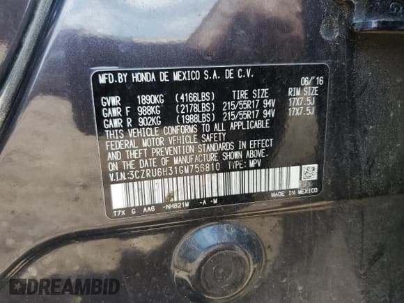 ✅ 2016 Honda HR-V LX • VIN: 3CZRU6H31GM756810 • Lot: 63278545. Wystawiony na Copart z przebiegiem 86 915 mil. Bezpłatny archiwum sprzedaży aukcyjnych z USA i szczegółowy raport historii pojazdu na DreamBid. Zdjęcie 13.