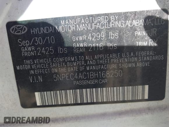 ✅ 2011 Hyundai Sonata Limited • VIN: 5NPEC4AC1BH168250 • Lot: 43447537. Listed on IAAI with 109,298 mi. Free auction sales archive from the USA and detailed vehicle history report at DreamBid. Image 9.