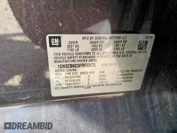 2015 Chevrolet Tahoe LT z VIN 1GNSCBKC9FR633675, wystawiony jako Copart lot #81702415 z przebiegiem 153 617 mil mil oraz Szkoda całkowita • Salvage title. Historia ofert i sprzedaży dostępna na DreamBid. Obrazek 14.