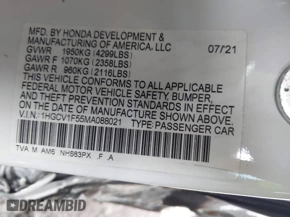 2021 Honda Accord EX-L с VIN 1HGCV1F55MA088021, выставлен на аукционе IAAI как лот 43298036 с пробегом 70 039 миль миль и . История ставок и продаж доступна на DreamBid. Изображение 9.