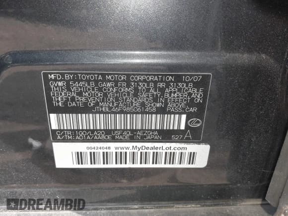 ✅ 2008 Lexus LS 460 • VIN: JTHBL46F985061458 • Лот: 41716582. Опубликован ранее на IAAI с пробегом 87 100 миль. Бесплатный доступ к архиву аукционных продаж из США и подробный отчёт об истории автомобиля на DreamBid. Изображение 9.