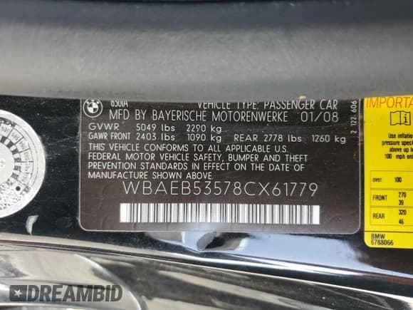 ✅ 2008 BMW 6 Series 650i • VIN: WBAEB53578CX61779 • Lot: 91270125. Listed on Copart with 169,921 mi. Free auction sales archive from the USA and detailed vehicle history report at DreamBid. Image 12.