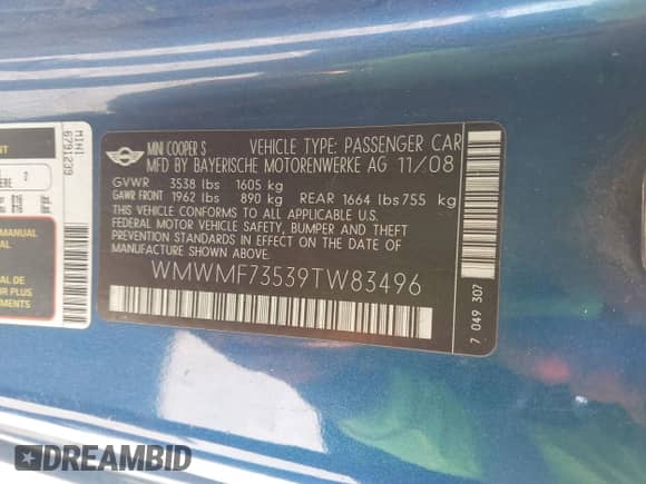 2009 MINI Hardtop S with VIN WMWMF73539TW83496, listed as a IAAI auction lot 42479363 with 148,079 mi miles and . Bid and sale history available at DreamBid. Image 9.