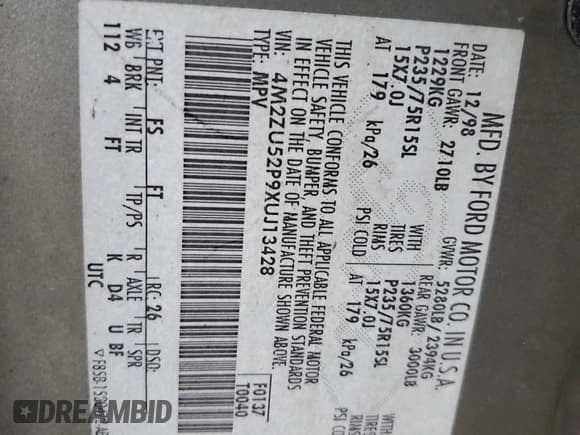 ✅ 1999 Mercury Mountaineer • VIN: 4M2ZU52P9XUJ13428 • Лот: 70789964. Опубликован ранее на Copart с пробегом 191 042 миль. Бесплатный доступ к архиву аукционных продаж из США и подробный отчёт об истории автомобиля на DreamBid. Изображение 14.