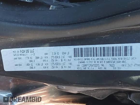 2019 Ram 1500 Big Horn z VIN 1C6RRFFG7KN755373, wystawiony jako IAAI lot #41764161 z przebiegiem 116 804 mil mil oraz . Historia ofert i sprzedaży dostępna na DreamBid. Obrazek 9.