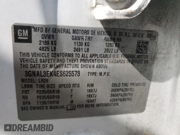 ✅ 2014 Chevrolet Captiva Sport LT • VIN: 3GNAL3EK4ES625578 • Лот: 61605275. Опубликован ранее на Copart с пробегом 117 749 миль. Бесплатный доступ к архиву аукционных продаж из США и подробный отчёт об истории автомобиля на DreamBid. Изображение 13.