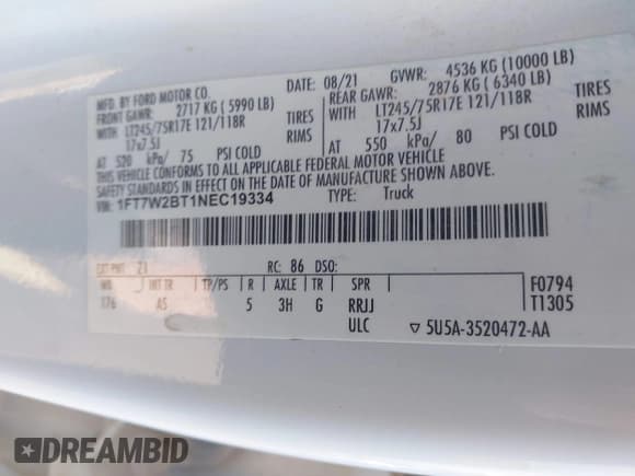 ✅ 2022 Ford F-250 XL • VIN: 1FT7W2BT1NEC19334 • Lot: 42939601. Listed on IAAI with 119,639 mi. Free auction sales archive from the USA and detailed vehicle history report at DreamBid. Image 8.