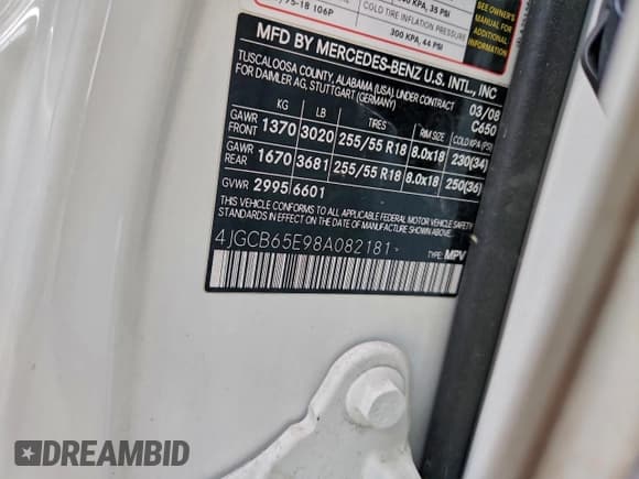 ✅ 2008 Mercedes-Benz R 3.5L • VIN: 4JGCB65E98A082181 • Лот: 94940275. Опубликован ранее на Copart с пробегом Не указан. Бесплатный доступ к архиву аукционных продаж из США и подробный отчёт об истории автомобиля на DreamBid. Изображение 13.