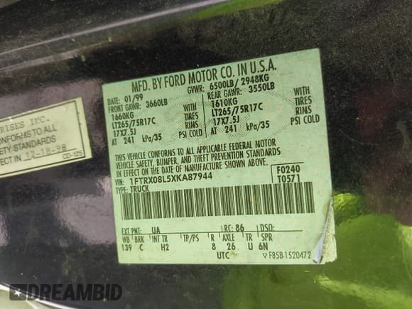 ✅ 1999 Ford F-150 XL • VIN: 1FTRX08L5XKA87944 • Lot: 42741901. Listed on IAAI with Not provided. Free auction sales archive from the USA and detailed vehicle history report at DreamBid. Image 9.