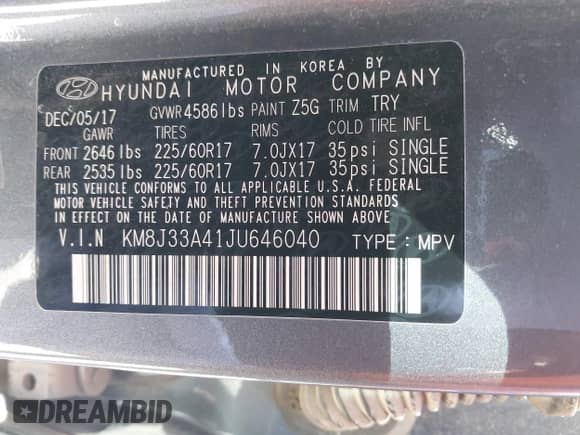 2018 Hyundai Tucson SEL z VIN KM8J33A41JU646040, wystawiony jako IAAI lot #42309676 z przebiegiem 133 862 mil mil oraz . Historia ofert i sprzedaży dostępna na DreamBid. Obrazek 9.