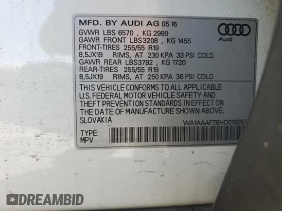 ✅ 2017 Audi Q7 Premium • VIN: WA1AAAF76HD019257 • Lot: 81672205. Wystawiony na Copart z przebiegiem 55 067 mil. Bezpłatny archiwum sprzedaży aukcyjnych z USA i szczegółowy raport historii pojazdu na DreamBid. Zdjęcie 14.