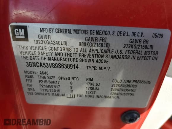 ✅ 2009 Chevrolet HHR 2LT • VIN: 3GNCA53V89S638914 • Lot: 53350195. Listed on Copart with 115,424 mi. Free auction sales archive from the USA and detailed vehicle history report at DreamBid. Image 12.