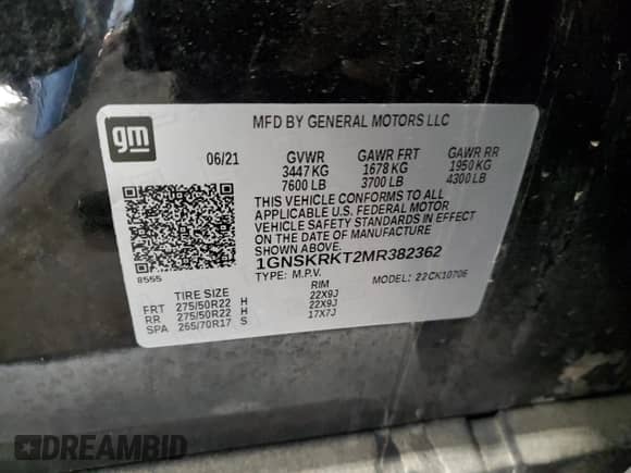 2021 Chevrolet Tahoe RST with VIN 1GNSKRKT2MR382362, listed as a Copart auction lot 88343115 with 88,198 mi miles and Salvage title. Bid and sale history available at DreamBid. Image 12.