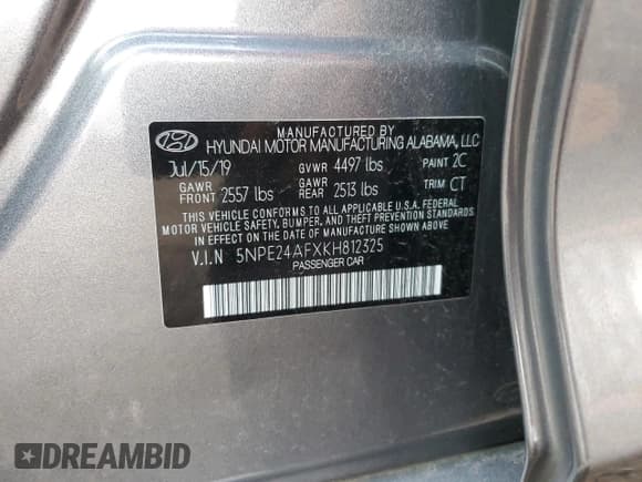 ✅ 2019 Hyundai Sonata SE • VIN: 5NPE24AFXKH812325 • Lot: 67923862. Listed on Copart with 18,940 mi. Free auction sales archive from the USA and detailed vehicle history report at DreamBid. Image 14.