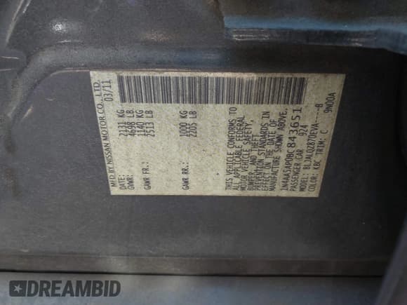 ✅ 2011 Nissan Maxima SV • VIN: 1N4AA5AP0BC843651 • Lot: 43282012. Listed on IAAI with 223,336 mi. Free auction sales archive from the USA and detailed vehicle history report at DreamBid. Image 9.