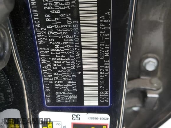 ✅ 2023 Toyota Camry TRD • VIN: 4T1KZ1AK7PU075653 • Lot: 62396725. Listed on Copart with 38,045 mi. Free auction sales archive from the USA and detailed vehicle history report at DreamBid. Image 12.